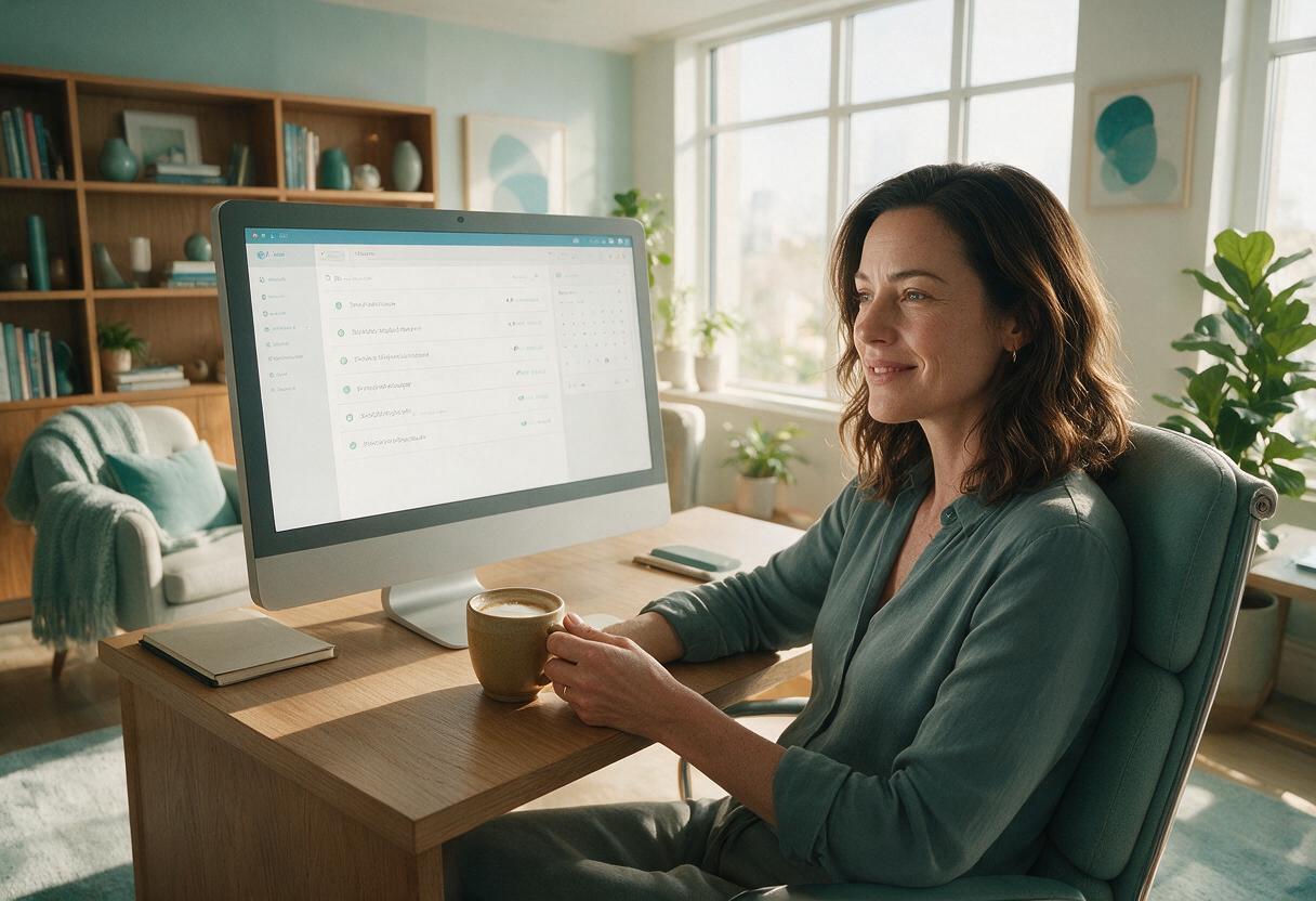 The same owner, relaxed with her coffee — clean desk, and her screen showing drafted replies and a morning briefing handled by her AI Office