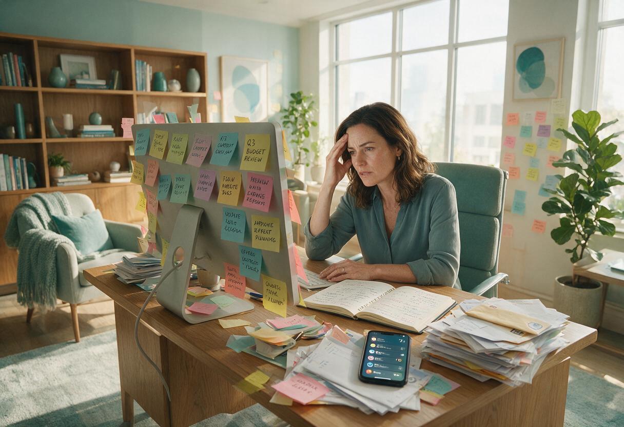 A business owner at her desk, overwhelmed — monitor and wall covered in sticky-note reminders, piles of mail and to-do lists