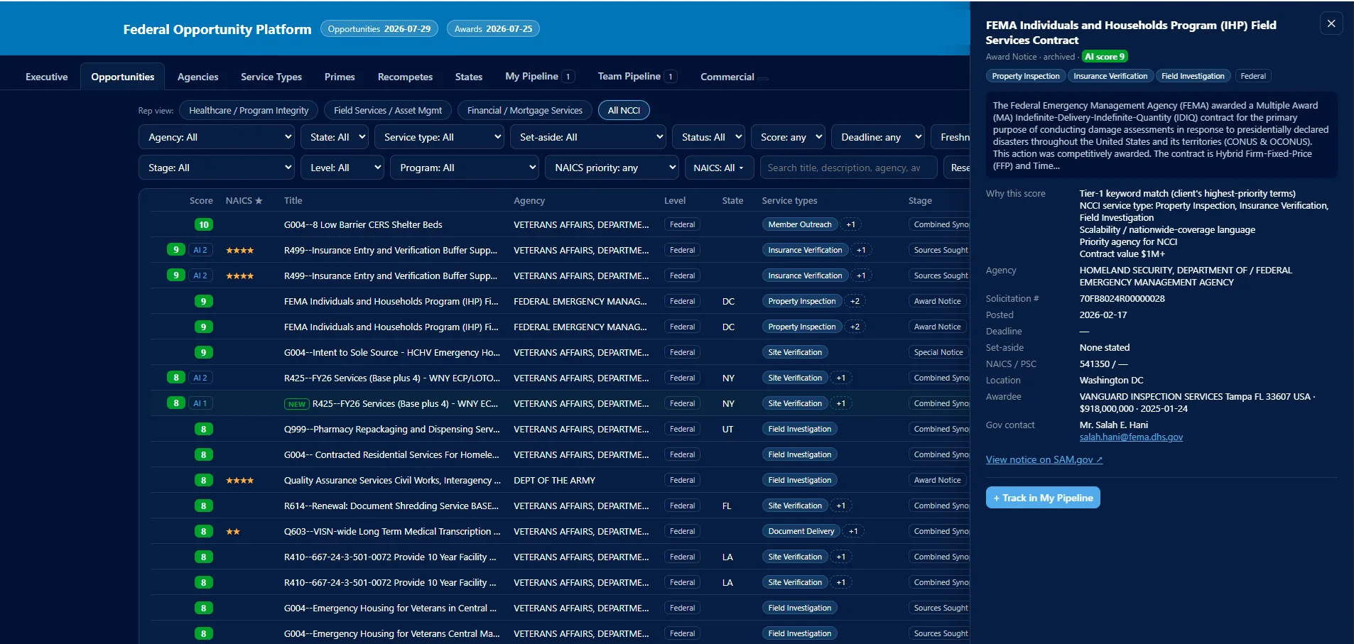 Opportunity list with AI fit scores and a detail panel explaining why a FEMA contract scored 9 out of 10