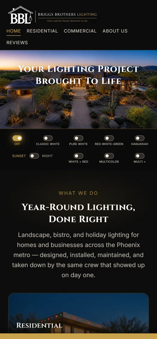 Briggs Brothers Lighting home page on a phone, with the lighting visualizer switches