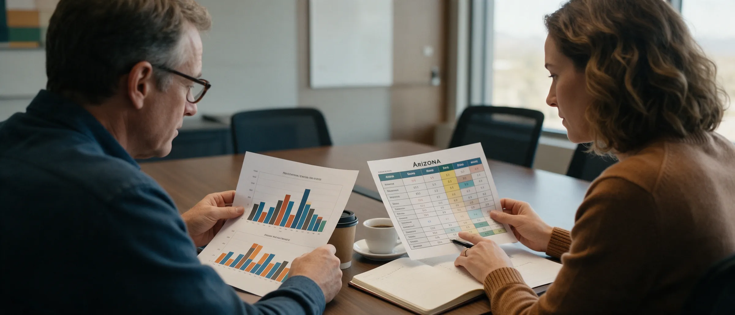 Two people reviewing printed charts and a one-page scorecard at a conference table