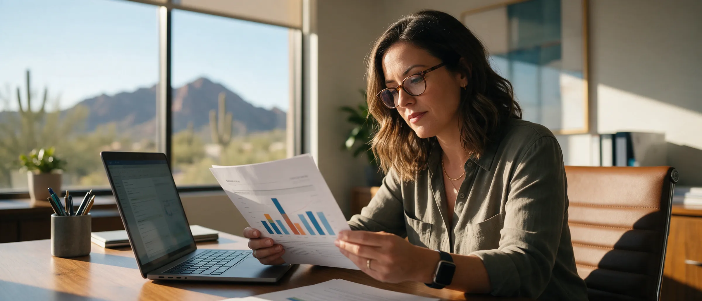 A small-business owner reviewing a printed report at her desk, desert mountains through the window