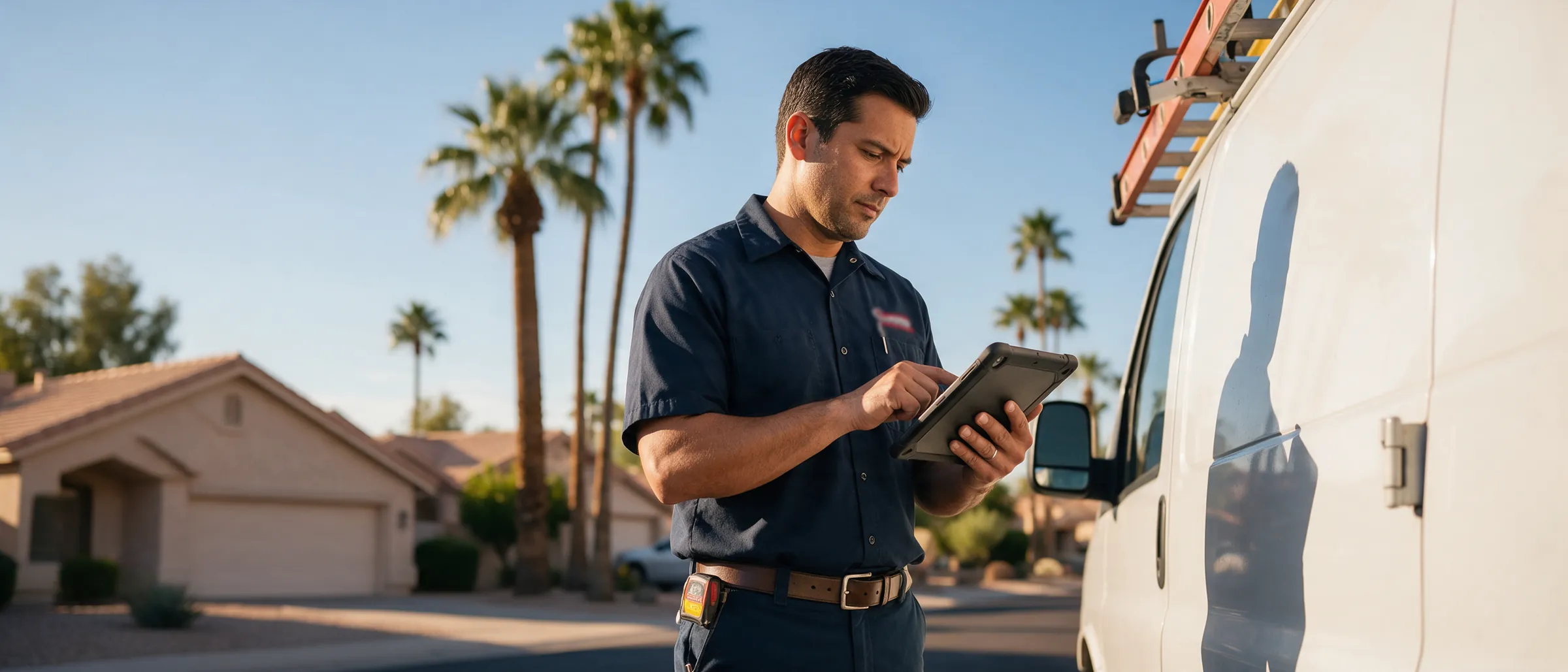 An HVAC technician checking a job on a tablet beside his service van in a Phoenix neighborhood