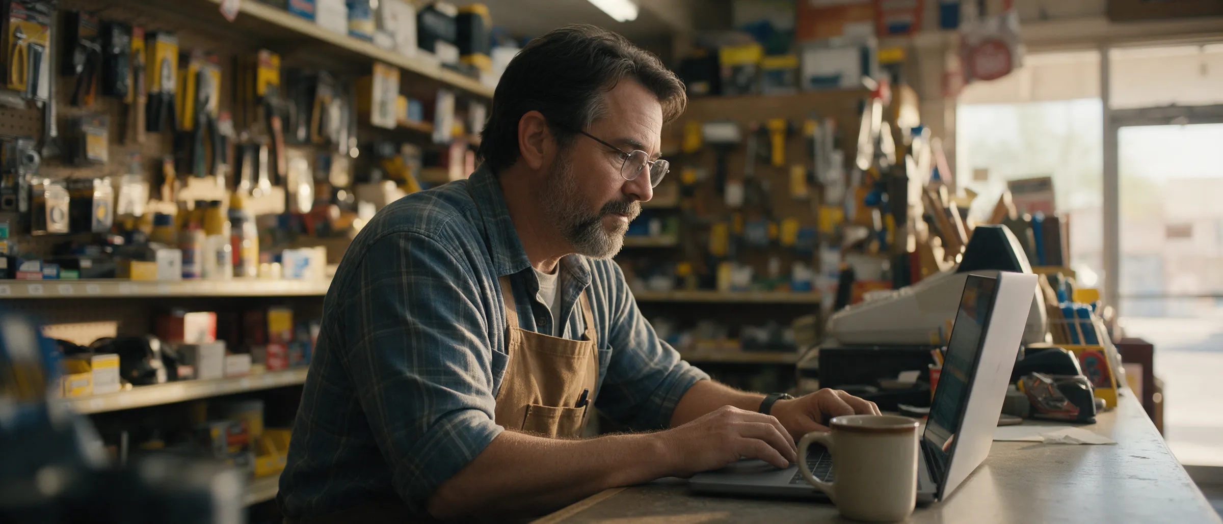 A hardware store owner working on a laptop at the front counter